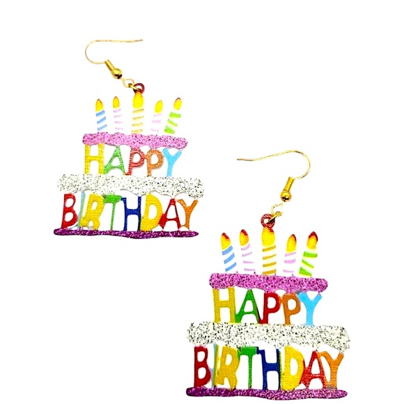 Happy Birthday Earrings Cake Candles Acrylic Dangle Pierced Ears Jewelry Party - Picture 1 of 7